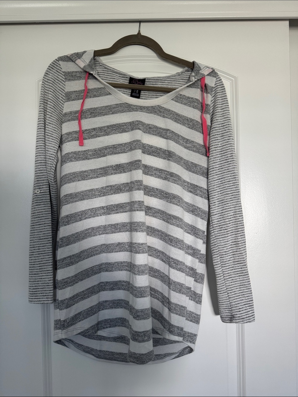 Oh Baby by Motherhood Gray & White Striped Hoodie with Pink Drawcords